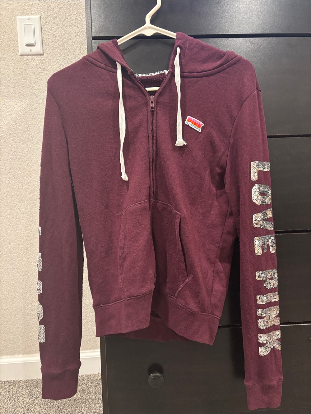 PINK Victoria's Secret Maroon Zip-Up Hoodie with Glitter Sleeve Logo